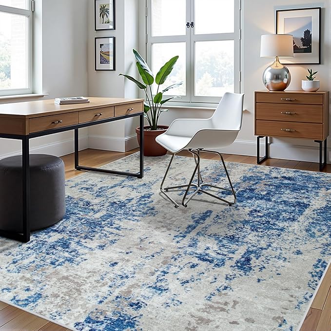 6x9 Area Rugs for Living Room Rug Washable: Abstract Rug for Dining Room Bedroom Carpet Non Slip 6 by 9 Indoor Modern Nursery Home Office Blue Grey White