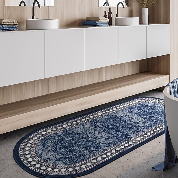 Antep Rugs Alfombras Modern Bordered 2x5 Non-Skid (Non-Slip) Low Profile Pile Rubber Backing Kitchen Area Rugs (Navy Blue, 2' x 5' Oval)