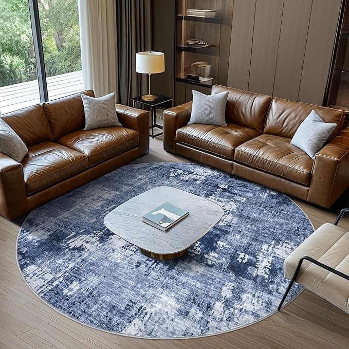 6ft Round Area Rug Living Room Rugs - 6x6 Washable Large Soft Indoor Neutral Modern Abstract Low Pile Rug Carpet for Bedroom Dining Room Farmhouse Home Office - Navy Blue
