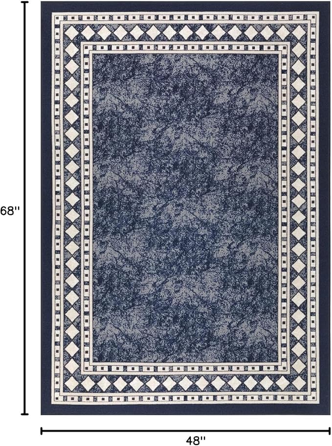 Antep Rugs Alfombras Modern Bordered 4x6 Non-Skid (Non-Slip) Low Profile Pile Rubber Backing Indoor Area Rugs (Navy Blue, 4' x 5'8")