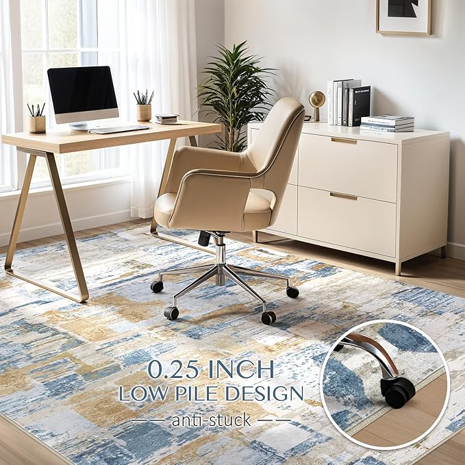 Abstract Living Room Rug 8x10 - Modern Washable Soft Thin Area Rug for Living Room Bedroom Under Dining Table - Neutral Indoor Floor Rug Carpets for Home Office Playroom Nursery - Blue Gold