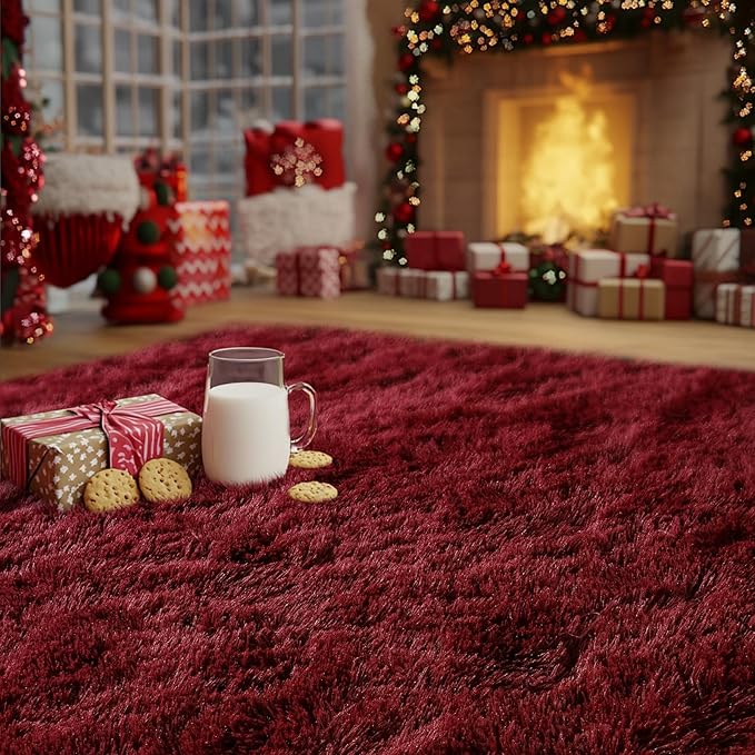 Burgundy Plush Rug for Living Room Fuzzy Carpet for Bedroom Dorm, Non-Slip High Pile Rug, Shag Rug for Playroom Nursery Home Office Decor 6X9 Ft