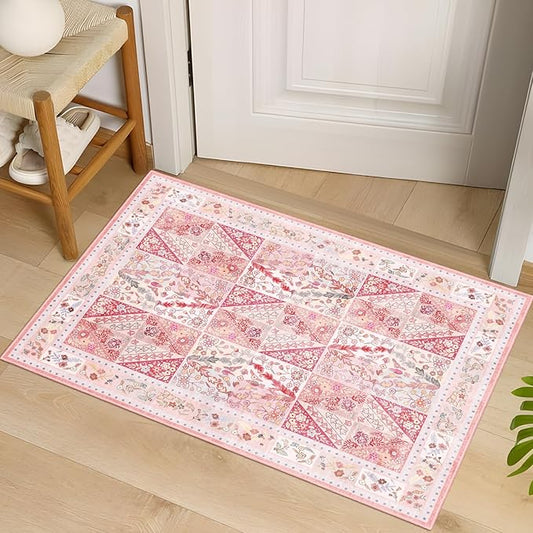 Pink Rug 2'x3' - Small Washable Entry Rug Floral Boho Diamond Area Rug for Entryway Kitchen Bathroom Door Mat Indoor Entrance, Pet & Kids Friendly Stain & Fade Resistant Non Slip Carpet