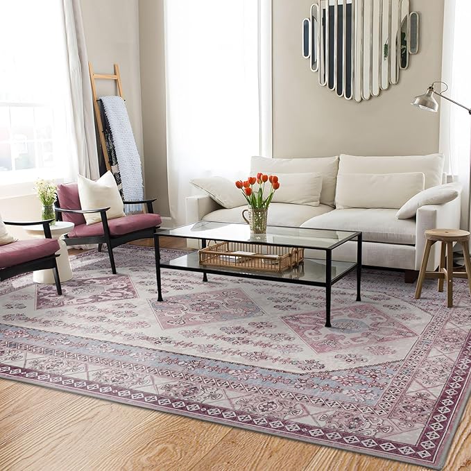 Rineflo-8'x10' Area Rugs,Machine Washable Rug for Living Room Dinner Room Bedroom,Bohemian Style Soft Non Slip Rug Carpet,Oriental Vintage Low Pile Large Area Rug (Pink, 8'x10')