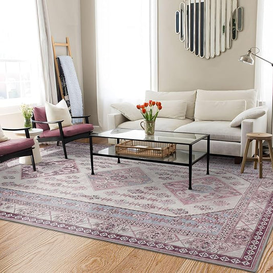 Rineflo-8'x10' Area Rugs,Machine Washable Rug for Living Room Dinner Room Bedroom,Bohemian Style Soft Non Slip Rug Carpet,Oriental Vintage Low Pile Large Area Rug (Pink, 8'x10')