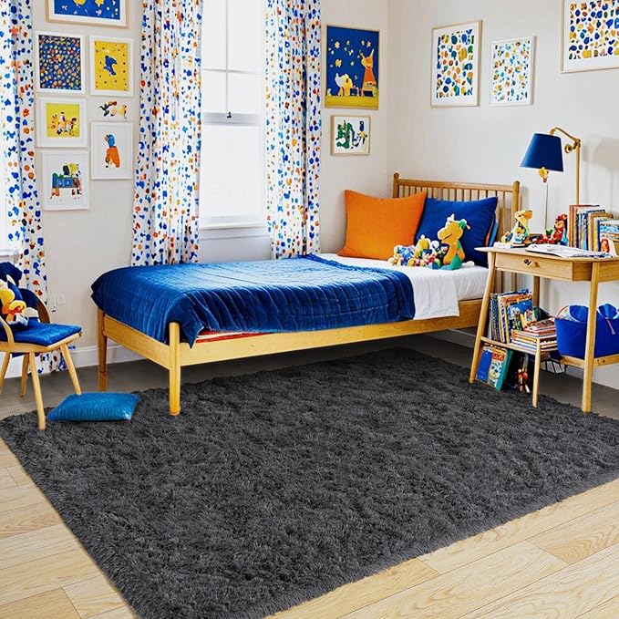 Fluffy Area Rug for Bedroom 4x6 Feet, Shag Soft Rug for Living Room, Indoor Comfy Cute Plush Bedside Carpet for Girls Boys Room Teens Dorm Nursery Decor, Charcoal Grey