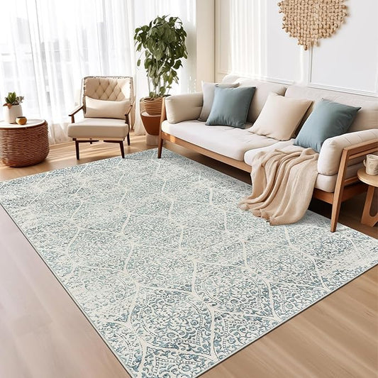 6x9 Area Rugs for Living Room, Stain Resistant Neutral Washable Rugs for Dining Room, Floral Vintage Non-Slip Thin Area Rug Farmhouse Rug Light Blue