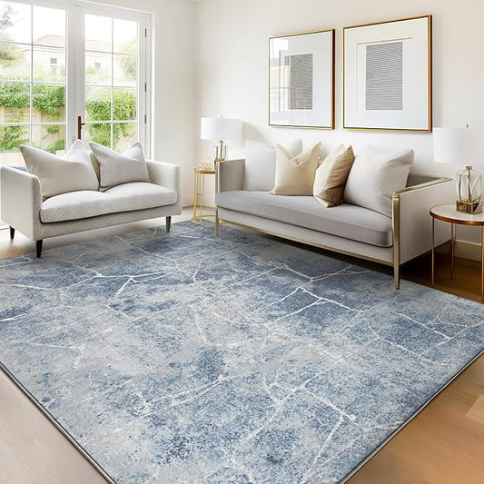 Area Rug 5x7 Machine Washable Rug Vintage Traditional Floor Cover Foldable Thin Retro Indoor Non Slip Carpet Floral Print Mat Bedroom Living Room Dining Room Office,Line Blue