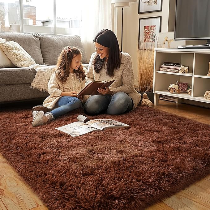Brown Plush Rug for Living Room Fuzzy Carpet for Bedroom Dorm, Non-Slip High Pile Rug, Shag Rug for Playroom Nursery Home Office Decor 9X12 Ft