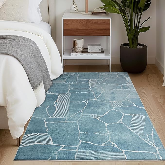 Area Rug 3x5 Machine Washable Rug Vintage Traditional Floor Cover Foldable Thin Retro Indoor Non Slip Carpet Floral Print Mat Bedroom Living Room Dining Room Office,Stone Crevice Blue