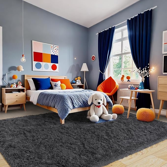 8x10 Rug for Living Room, Fuzzy Plush Large Area Rug, Fluffy Modern Shag Non Slip Soft Furry Carpet for Bedroom Kids Room Nursery Teens Dorm Home Decor, Charcoal Grey