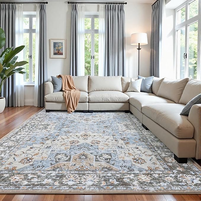 Area Rug 8x10 Machine Washable Rug Vintage Traditional Floor Cover Foldable Thin Retro Indoor Non Slip Carpet Floral Print Mat Bedroom Living Room Dining Room Office,Dahlia Blue