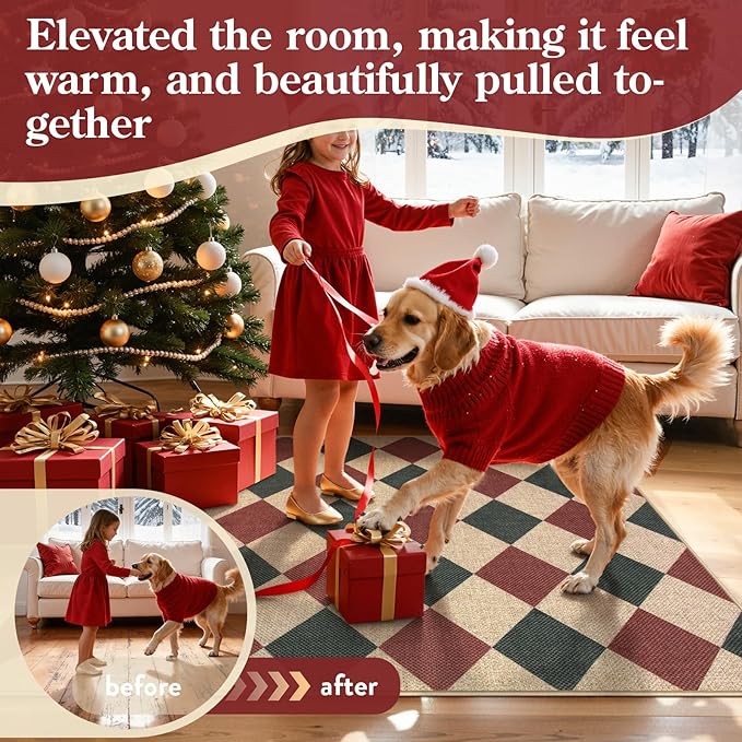 Lahome Christmas Checkered 3x5 Rug, Christmas Indoor Mats for Entryway Front Porch Indoor Outdoor Carpet, Checkerboard Green and Red Non Shedding Carpet for Patio Kitchen