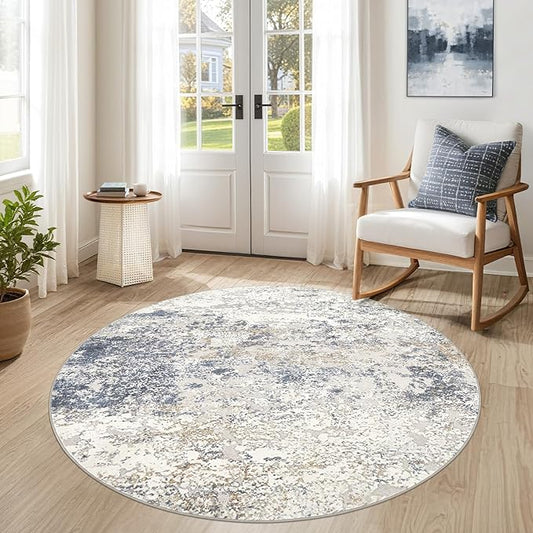 5ft Round Area Rug Living Room Rugs - 5x5 Washable Large Soft Indoor Neutral Modern Abstract Low Pile Rug Carpet for Bedroom Dining Room Farmhouse Home Office - Beige Blue