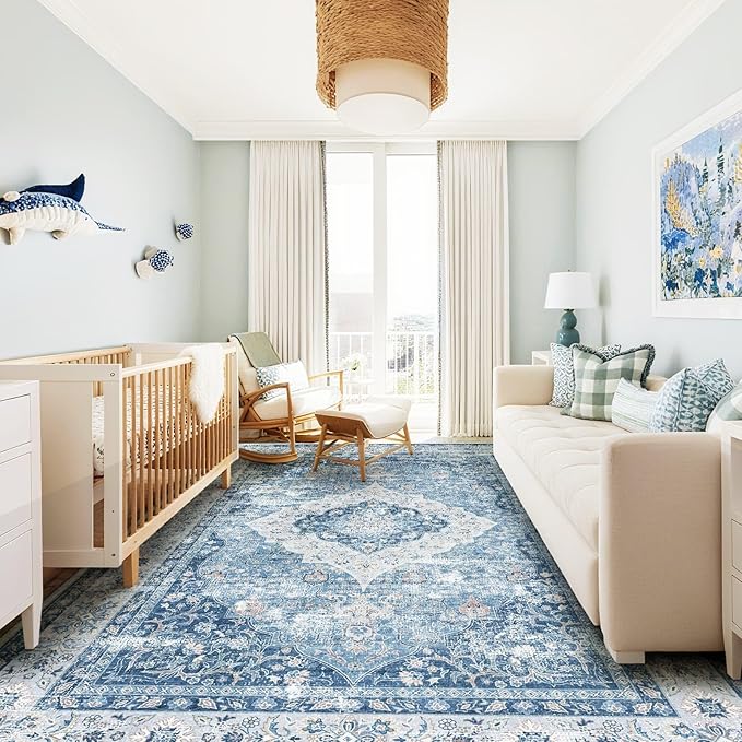 ANSSO 6x9 Area Rug, Extra Soft Vintage Faux Wool Washable Rug, Pets & Kids Friendly Carpet with Non-Shedding for Bedroom, Apartment, Living Room, Office Decor Mist Blue