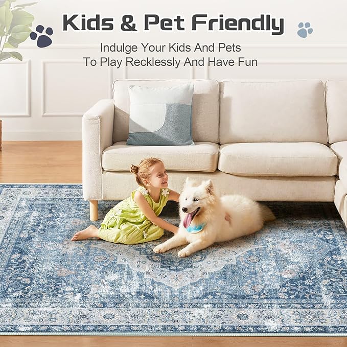 ANSSO 6x9 Area Rug, Extra Soft Vintage Faux Wool Washable Rug, Pets & Kids Friendly Carpet with Non-Shedding for Bedroom, Apartment, Living Room, Office Decor Mist Blue