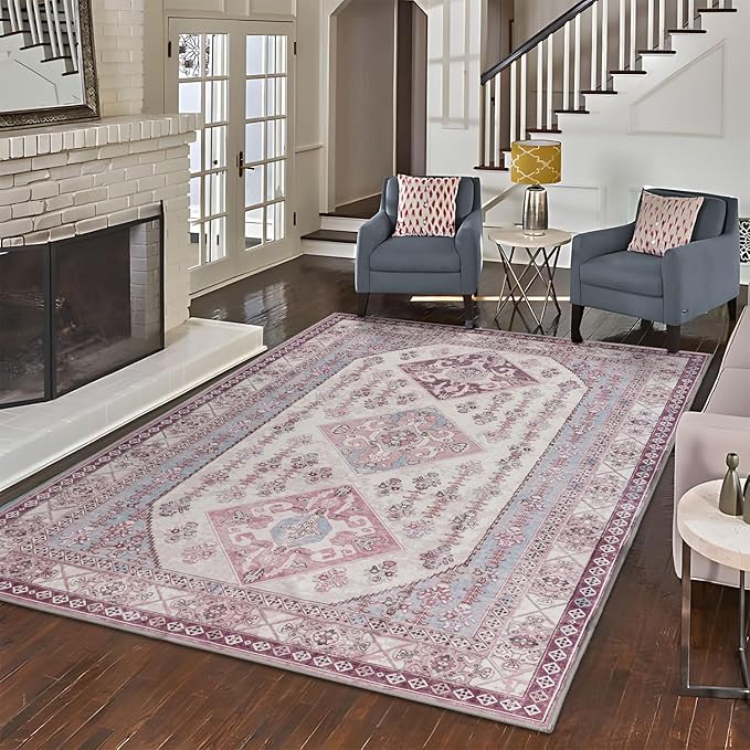 Rineflo-8'x10' Area Rugs,Machine Washable Rug for Living Room Dinner Room Bedroom,Bohemian Style Soft Non Slip Rug Carpet,Oriental Vintage Low Pile Large Area Rug (Pink, 8'x10')