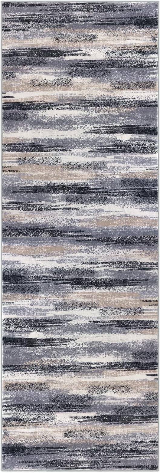 Modern Abstract Runner Rug 3x10, Grey Black Multi Washable Kitchen Runner Non-Slip Soft Hallway Rug Runner Thin Print Faux Wool Carpet for Entryway Bedroom Laundry Room Indoor Home Office Decor