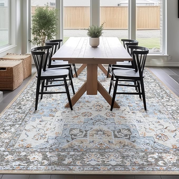 Area Rug 8x10 Machine Washable Rug Vintage Traditional Floor Cover Foldable Thin Retro Indoor Non Slip Carpet Floral Print Mat Bedroom Living Room Dining Room Office,Dahlia Blue