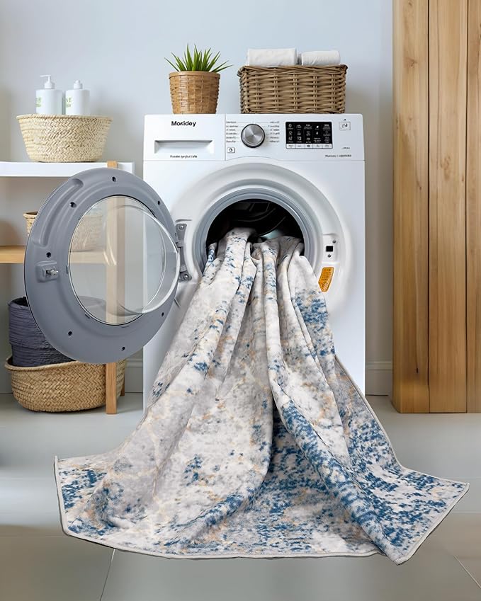 Area Rug 8x10 Machine Washable Rug Vintage Traditional Floor Cover Foldable Thin Retro Indoor Non Slip Carpet Floral Print Mat Bedroom Living Room Dining Room Office,Hidden Pattern Blue