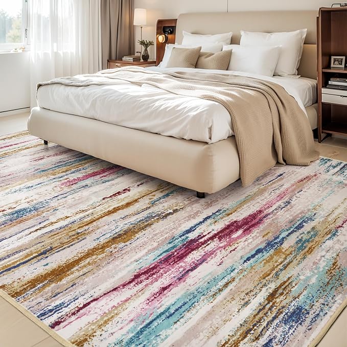 tchdio 5x7 Area Rugs for Living Room, Colorful Modern Abstract Area Rug, Washable Kids Rugs for Playroom, Non Slip Soft Nursery Rug, Stain Resistant Large Carpet for Bedroom, Multi Color