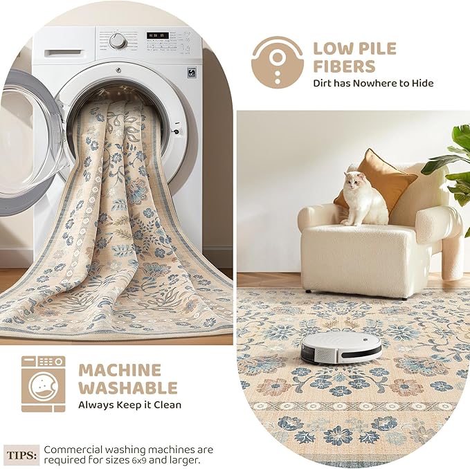 5x7 Area Rug Living Room Rugs Thickened - Washable Boho Vintage Floral Large Soft Non Slip Thin Rug Low Pile Carpet for Bedroom Dining Room Kids Playroom Office Decor Indoor- Multi Color