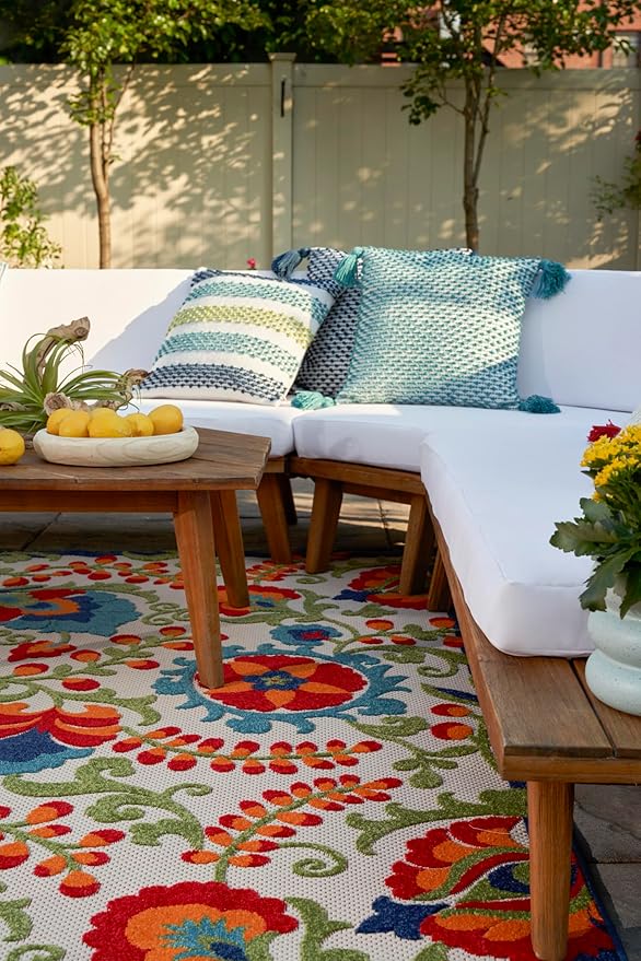 Nourison Home Aloha Indoor/Outdoor Multicolor 9'6'' x 13' Area-Rug, Easy-Cleaning, Non Shedding, Bed Room, Living Room, Dining Room, Backyard, Deck, Patio (10x13)