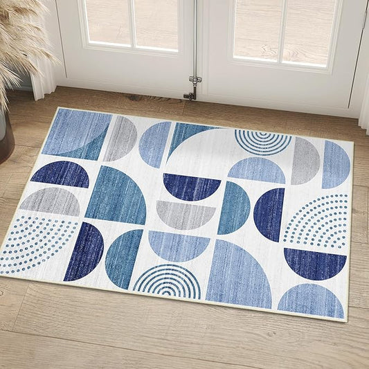 MUJOO Blue Small Rug Washable,2x3 Area Rugs for Entryway Bathroom Entry Entrance Bedroom Kitchen,Front Door Mat Boho Throw Carpet Non Slip Indoor Soft Modern Abstract Navy Blue