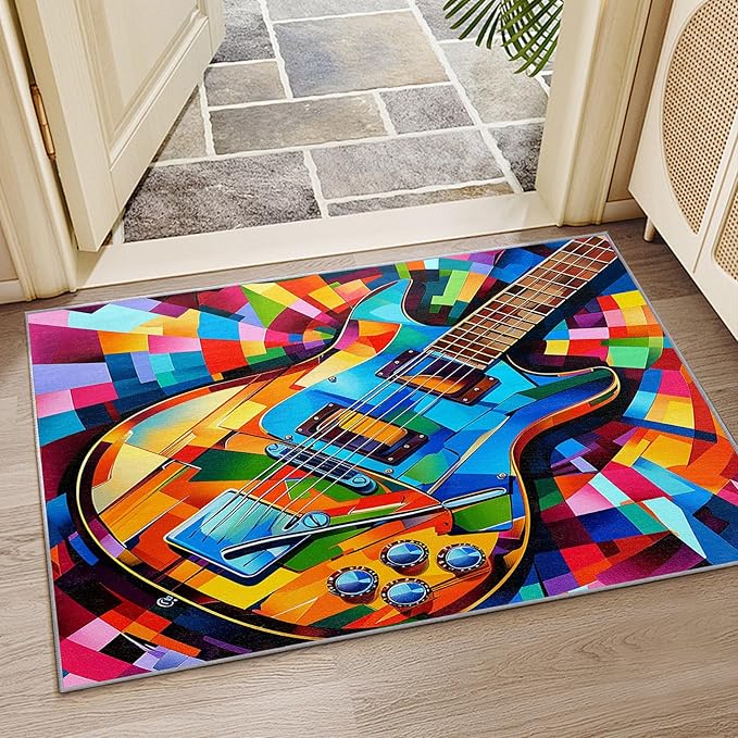 Guitar Rugs for Music Room - Guitar Rug, 8x10 Rug, Abstract Colorful Musical Area Rug, Multicolor Carpet, Washable & Non Slip & Soft Large Rugs, Guitar Home Decor Gifts