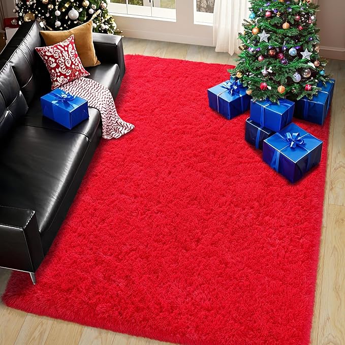 Fluffy Area Rug for Bedroom 4x6 Feet, Shag Soft Rug for Living Room, Indoor Comfy Cute Plush Bedside Carpet for Girls Boys Room Teens Dorm Nursery Decor, Red
