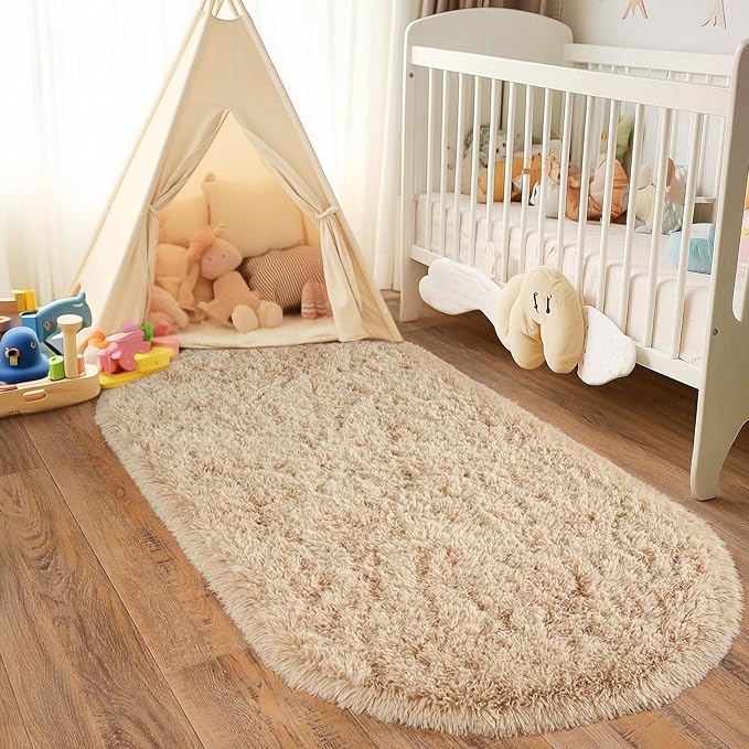 Fluffy Area Rug for Bedroom 3.3'x6.2', Shag Oval Rug for Bedside, Ultra Soft Cute Plush Carpet for Living Room Kids Girls Boys Room Nursery Teens Dorm Home Decor, Camel