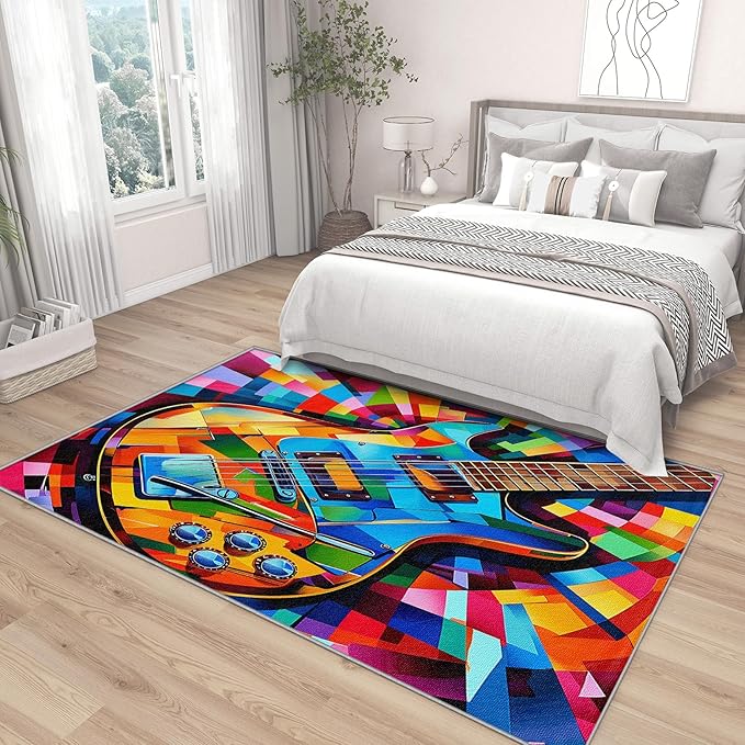 Guitar Rugs for Music Room - Guitar Rug, 8x10 Rug, Abstract Colorful Musical Area Rug, Multicolor Carpet, Washable & Non Slip & Soft Large Rugs, Guitar Home Decor Gifts