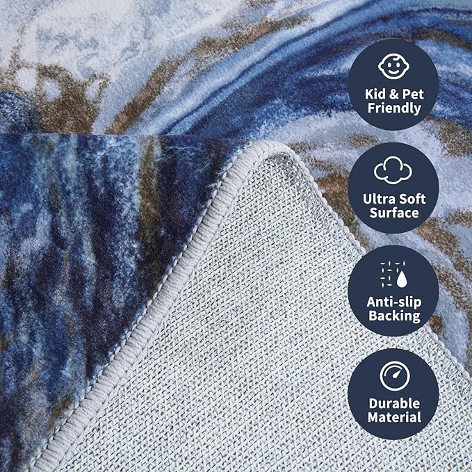 4x6 Washable Area Rugs for Living Room, Blue Modern Abstract Rug Entryway Kitchen Non Slip Throw Rug, Stain Resistant Carpet for Dining Room Playroom Bedroom, Pet & Kids Friendly