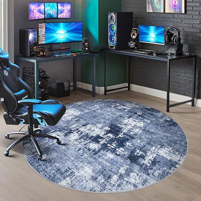 5ft Round Area Rug Living Room Rugs - 5x5 Washable Large Soft Indoor Neutral Modern Abstract Low Pile Rug Carpet for Bedroom Dining Room Farmhouse Home Office - Navy Blue