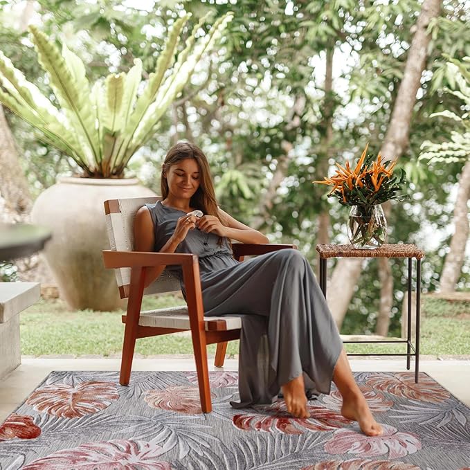 CAMILSON Indoor Outdoor Rug, Multi Color 6?셹9??Leaf Tropical Botanical Area Rugs for Indoor and Outdoor patios, Easy-Cleaning Non-Shedding Living Room, Garden and Kitchen Washable Outside Carpet (6x9)