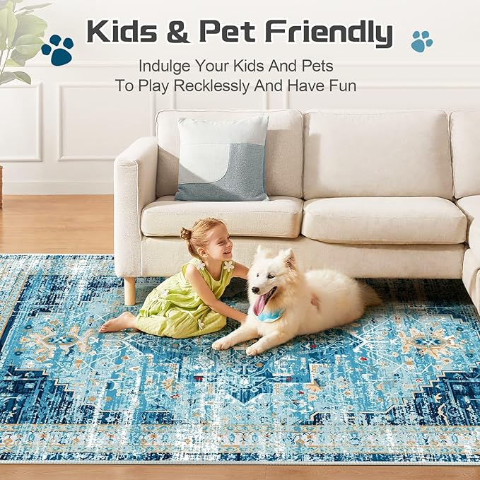 ANSSO 8x10 Rugs for Living Room, Large Washable Area Rugs with Non Slip Backing, Vintage Soft Low Pile Floor Mat Indoor for Bedroom, Dining Room Playroom Nursery (Aqua Blue)