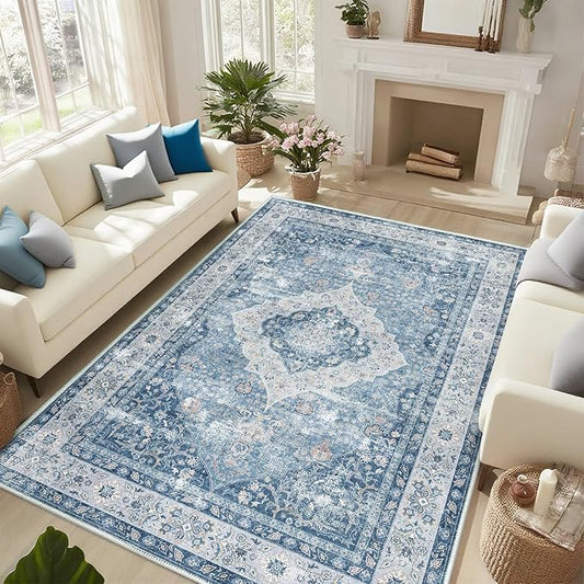 ANSSO 5x7 Area Rug for Living Room, Machine Washable Low Pile Rugs, Non-Slip Backing Vintage Carpet for Bedroom, Dining Room, Home Office Decor Mist Blue