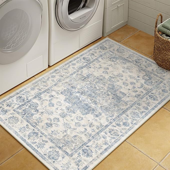 3x4 Washable Neutral Area Rug Blue Entryway Non-Slip Low Pile Floral Door Mat Vintage Lightweight Vacuumable Carpet Soft Thin Small Throw Rug for Bathroom Indoor
