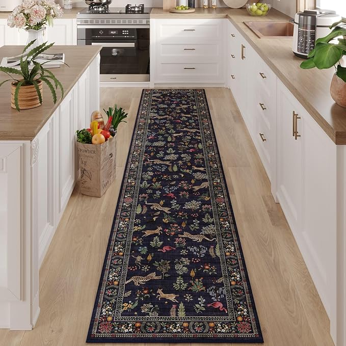 Runners for Kitchen Non Slip 2'x10' Long Washable Runner Rugs with Rubber Backing Soft Floral Animal Carpet Runner for Kitchen, Laundry, Bedroom, Bathroom (Blue)