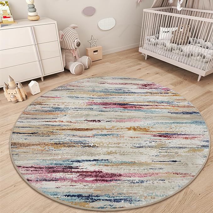 tchdio Round Rug 5FT Colorful Modern Abstract Circle Rug for Bedroom Non Slip Soft Circular Rug Carpet Washable Round Area Rug, Multi Color, 5FT