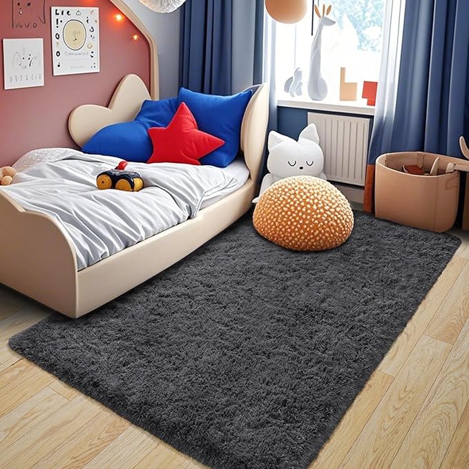 Fluffy Area Rug for Bedroom 4x6 Feet, Shag Soft Rug for Living Room, Indoor Comfy Cute Plush Bedside Carpet for Girls Boys Room Teens Dorm Nursery Decor, Charcoal Grey