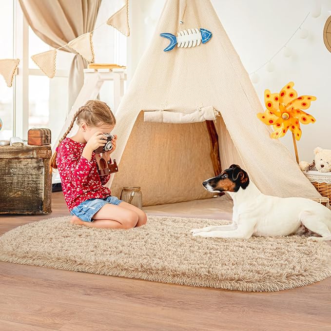 Fluffy Area Rug for Bedroom 2.6'x5.3', Shag Oval Rug for Bedside, Ultra Soft Cute Plush Carpet for Living Room Kids Girls Boys Room Nursery Teens Dorm Home Decor, Camel