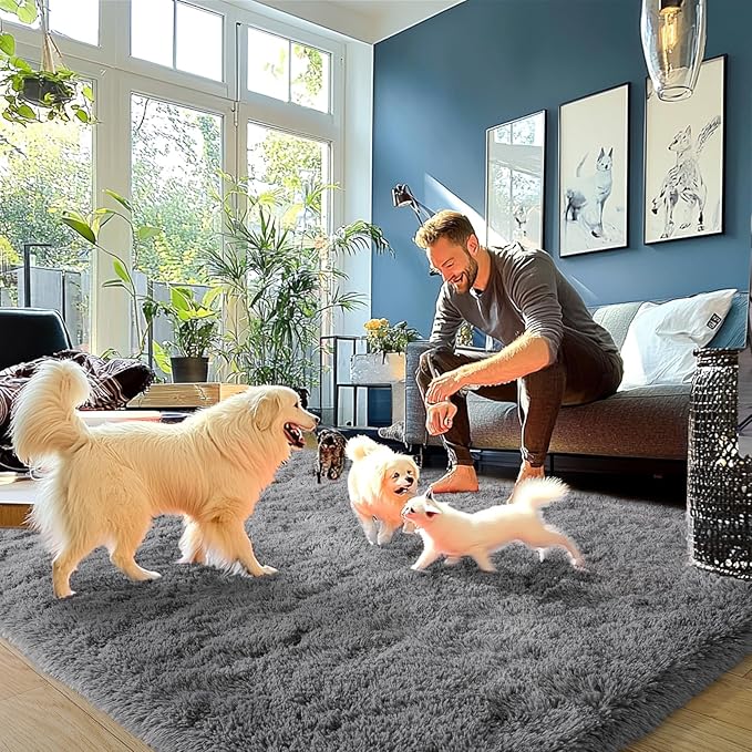 Dark Gray Fluffy Rug Plush Carpet for Bedroom Dorm, Non-Slip High Pile Rug, Shag Rug for Playroom Nursery Home Office Decor 9X12 Ft
