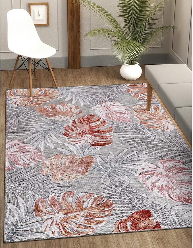 CAMILSON Indoor Outdoor Rug, Multi Color 6?셹9??Leaf Tropical Botanical Area Rugs for Indoor and Outdoor patios, Easy-Cleaning Non-Shedding Living Room, Garden and Kitchen Washable Outside Carpet (6x9)