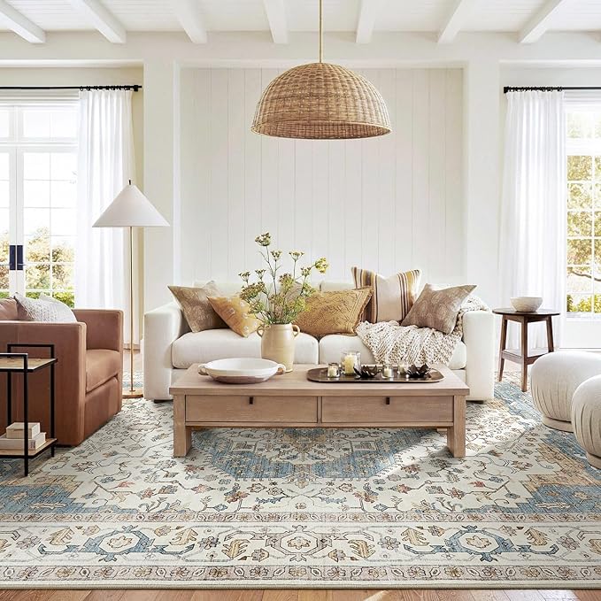 Area Rug for Living Room - 8x10 Soft Washable Oriental Vintage Floral Distressed Large Carpet - Fade Stain Resistant Non Slip Rugs for Bedroom Dining Room Nursery Dorm Office Home Decor - Blue/Beige