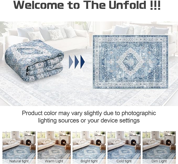 ANSSO 6x9 Area Rug, Extra Soft Vintage Faux Wool Washable Rug, Pets & Kids Friendly Carpet with Non-Shedding for Bedroom, Apartment, Living Room, Office Decor Mist Blue