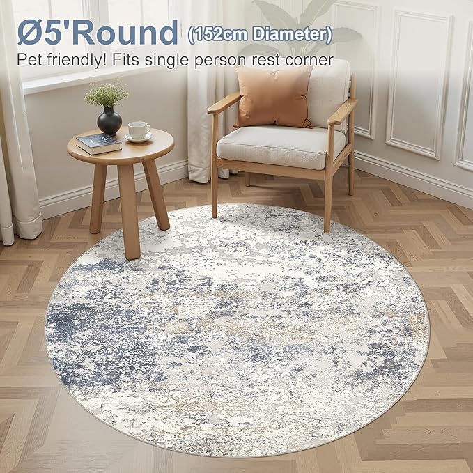 5ft Round Area Rug Living Room Rugs - 5x5 Washable Large Soft Indoor Neutral Modern Abstract Low Pile Rug Carpet for Bedroom Dining Room Farmhouse Home Office - Beige Blue