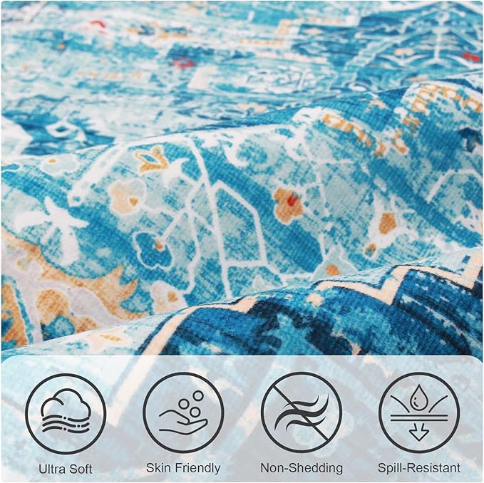 ANSSO 8x10 Rugs for Living Room, Large Washable Area Rugs with Non Slip Backing, Vintage Soft Low Pile Floor Mat Indoor for Bedroom, Dining Room Playroom Nursery (Aqua Blue)