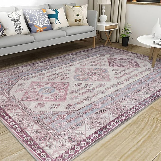 Rineflo-4'x6' Area Rugs,Machine Washable Rug for Living Room Dinner Room Bedroom,Bohemian Style Soft Non Slip Rug Carpet,Oriental Vintage Low Pile Large Area Rug (Pink, 4'x6')