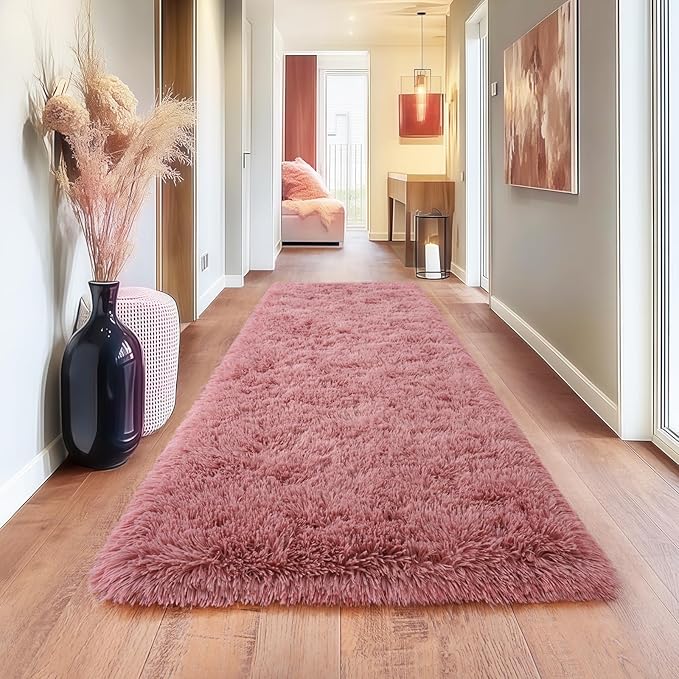 Blush Runner Area Rug for Hallway, Bedroom Bedside Plush Rugs, Non Slip Fluffy Shaggy Carpet for Kids Home Decor, Dorm Nursery 2x6 Ft